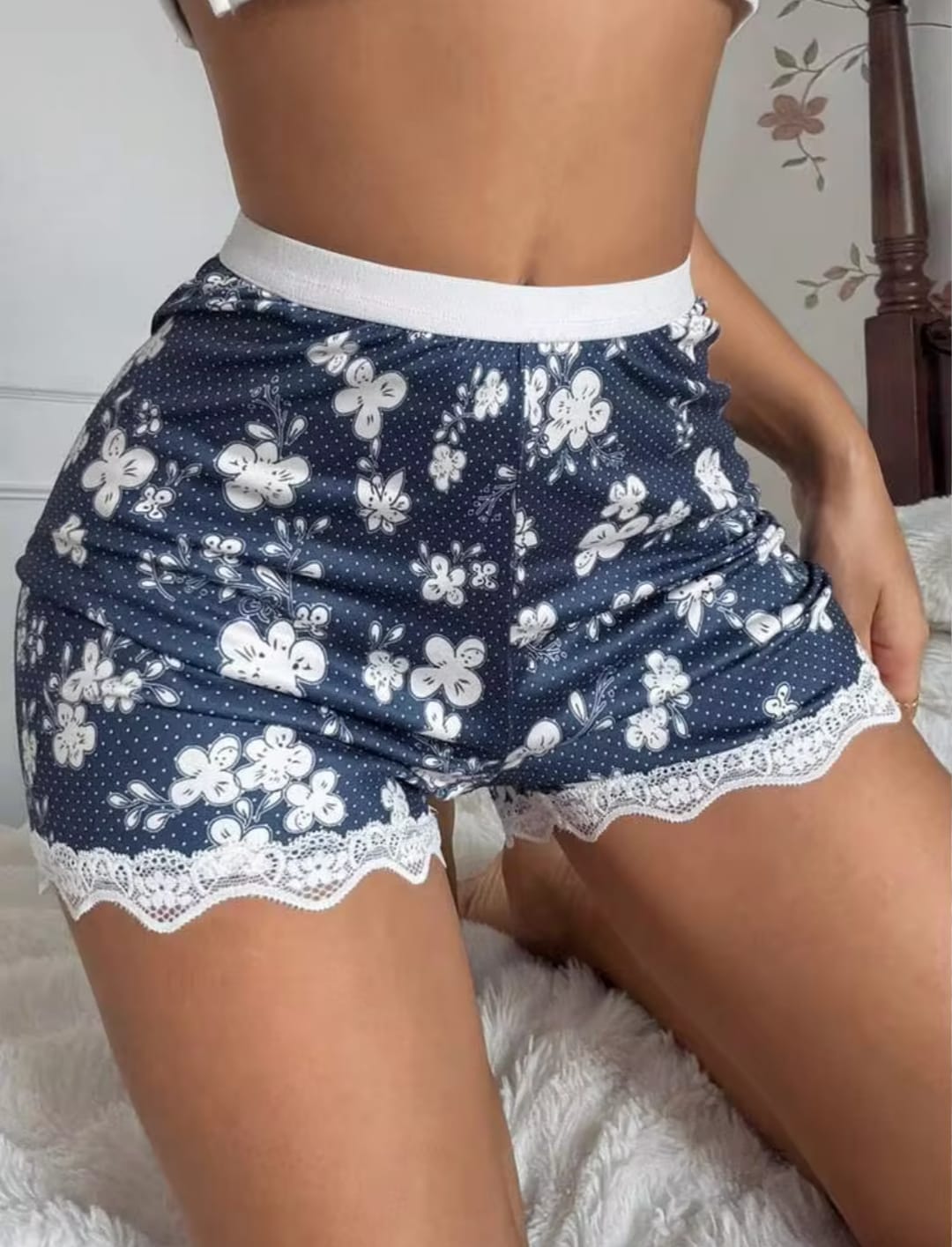 Women's Navy Blue Floral & Polka Dot Print Slip Shorts with Lace Hem